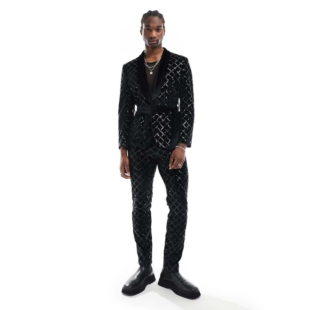 ASOS Design Suit Mens 38/31 Black Sequin Velvet Shawl Lapel Belted Luxury Disco - Picture 2 of 16